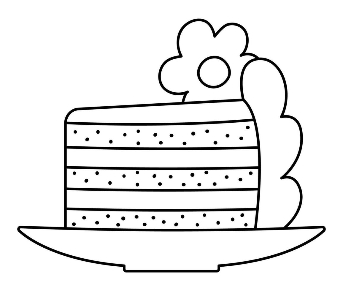 vecteur noir et blanc mariage gâteau pièce sur une assiette avec fleur, crème. mignonne mariage ligne clipart élément. juste marié couple dessert coloration page. dessin animé la cérémonie illustration