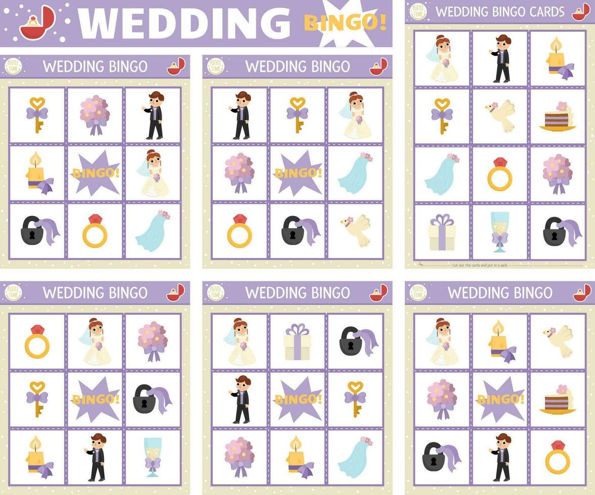 vecteur mariage bingo cartes ensemble. amusement famille loto planche Jeu avec mignonne la mariée et jeune marié pour enfants. mariage la cérémonie loterie activité. Facile éducatif imprimable feuille de travail.