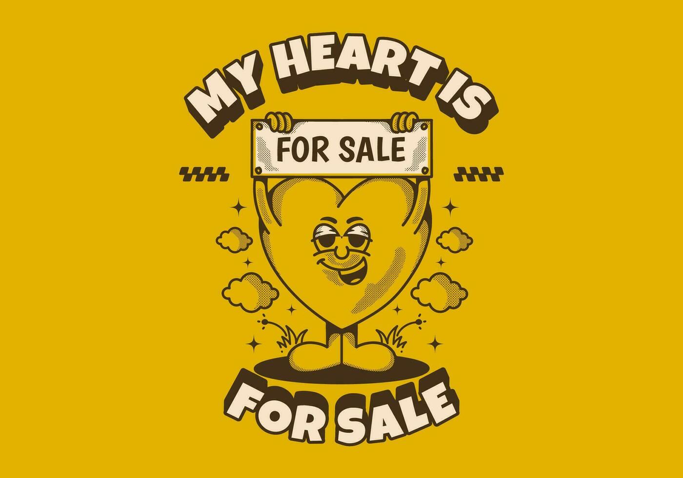 mon cœur est pour vente. mascotte personnage de une cœur en portant une planche avec pour vente texte vecteur