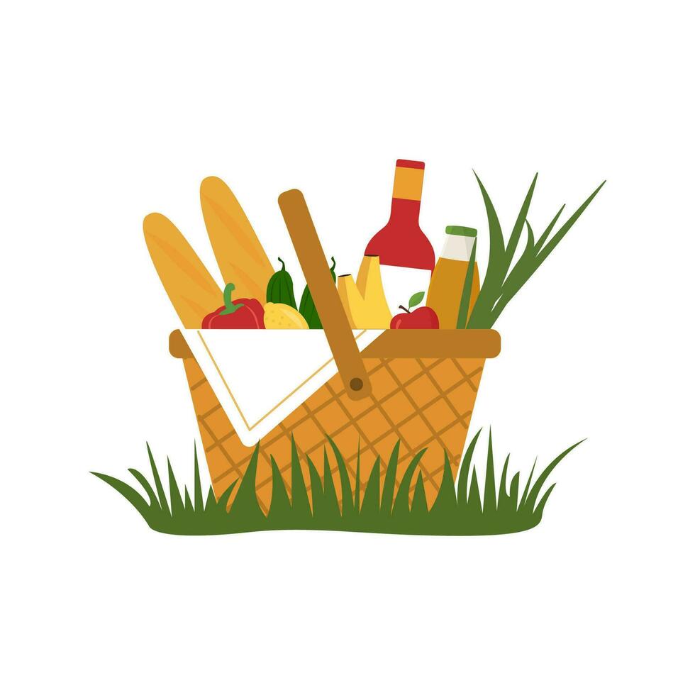 pique-nique panier sur herbe plein de nourriture et les boissons pour Extérieur déjeuner. vecteur illustration dans plat style.
