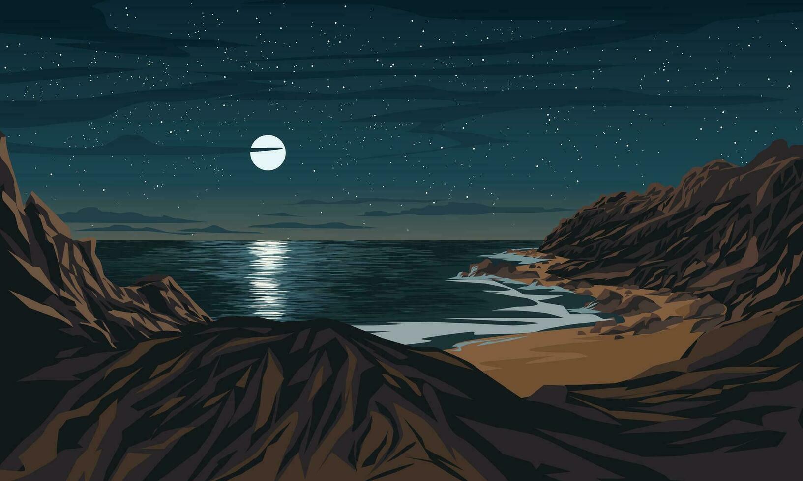 incroyable étoilé nuit à plage avec rochers et plein lune vecteur