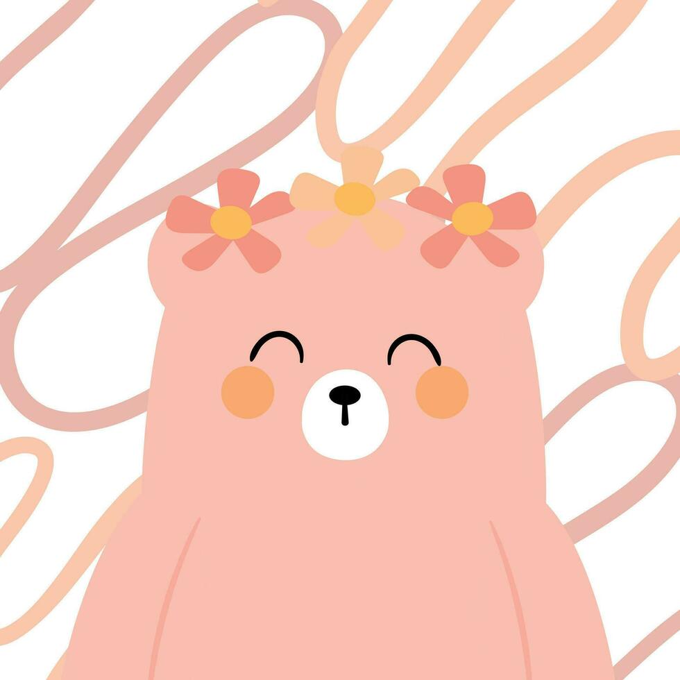 mignonne illustration de une dessin animé rose ours portant une fleur sur ses tête avec mignonne écriture. mignonne animal fonds d'écran, arrière-plans et cartes vecteur