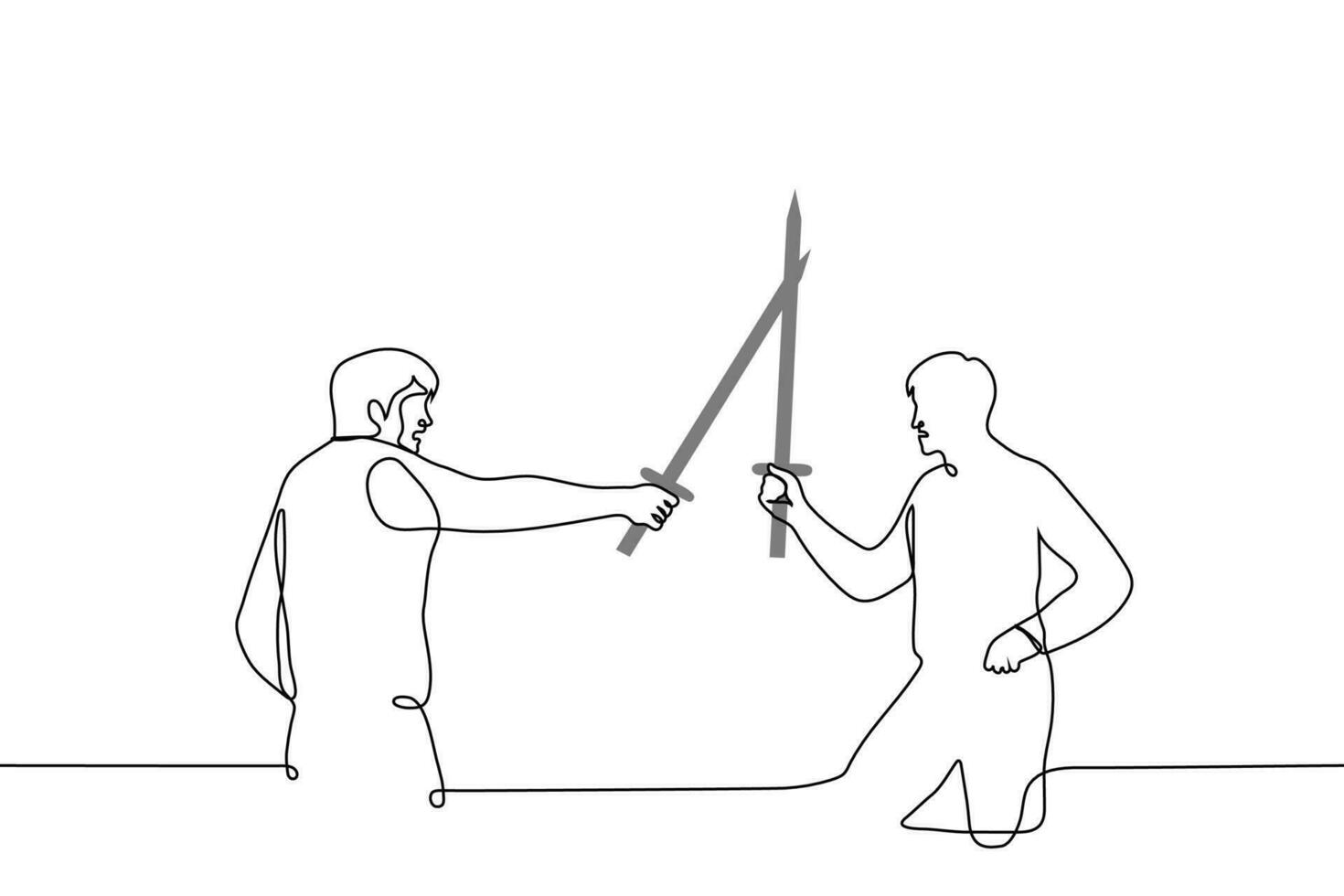 deux Hommes franchi épées avec agression - un ligne dessin vecteur. épée bats toi concept vecteur
