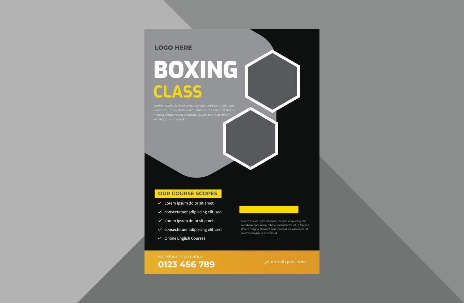 modèle de conception de flyer école de boxe. conception de dépliants d'affiches de sport de boxe. modèle a4, conception de brochure, couverture, dépliant, affiche, prêt à imprimer vecteur