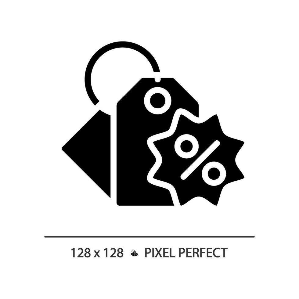 2d pixel parfait glyphe style prix étiquette icône, isolé noir vecteur, silhouette illustration représentant remises. vecteur