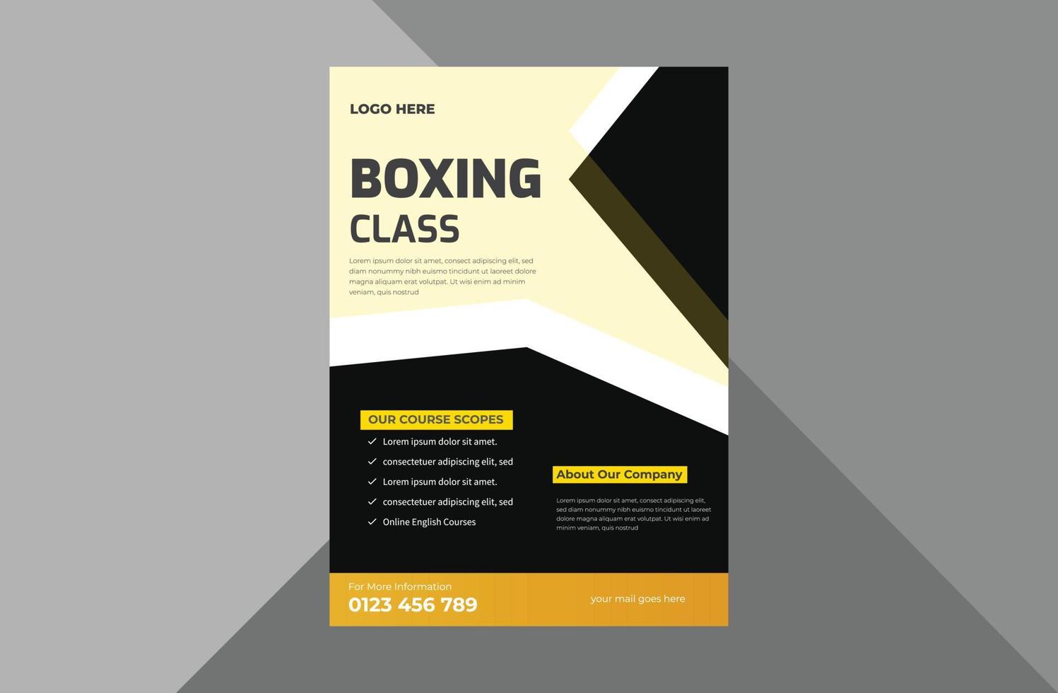 modèle de conception de flyer école de boxe. conception de dépliants d'affiches de sport de boxe. modèle a4, conception de brochure, couverture, dépliant, affiche, prêt à imprimer vecteur