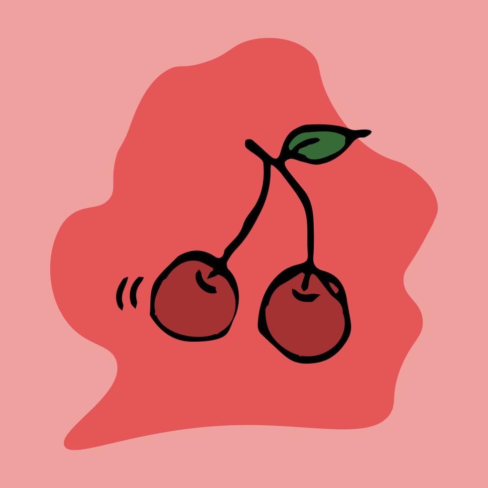 icône de cerise rouge douce isolée sur fond rouge. illustration vectorielle de griffonnage. icône dessinée à la main vecteur