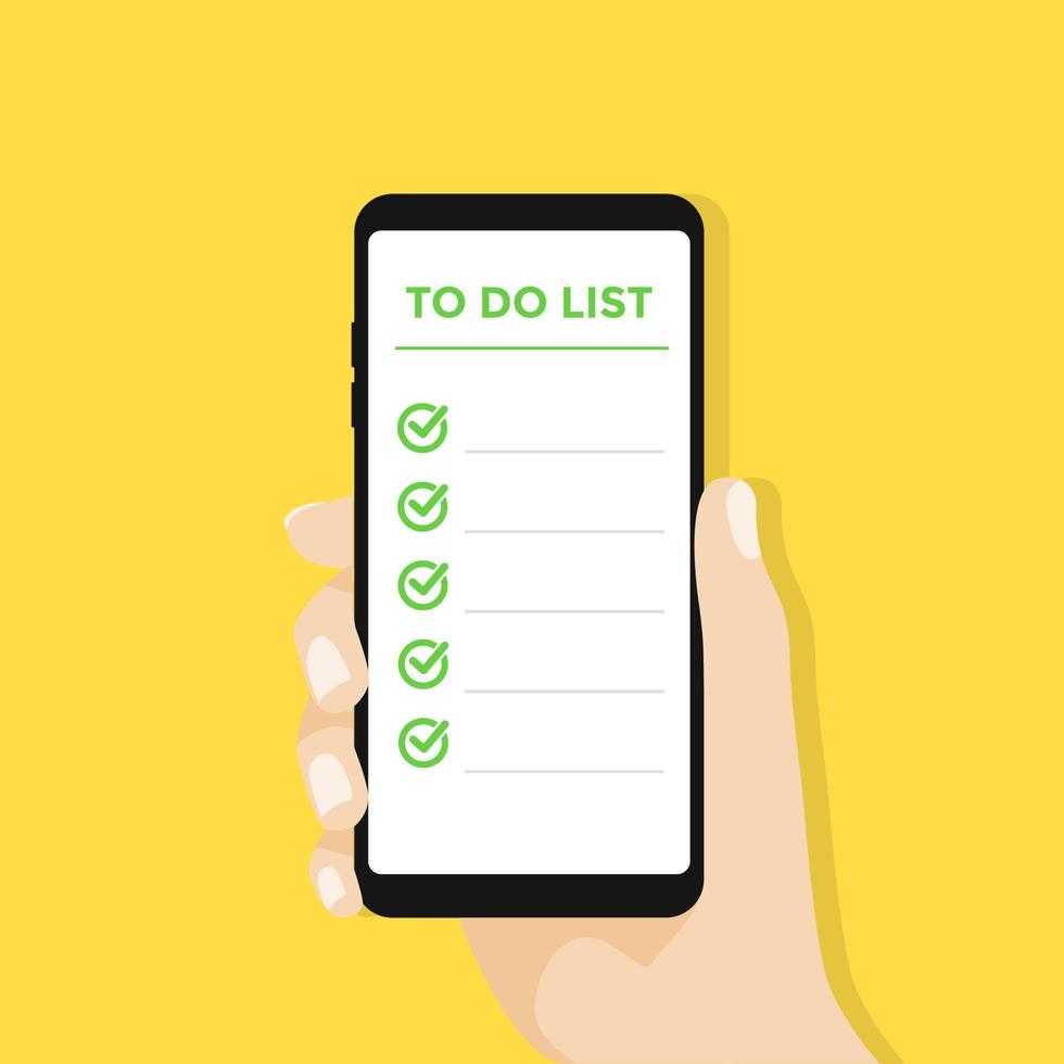 main tenant un smartphone avec une liste de tâches à l'écran. vecteur