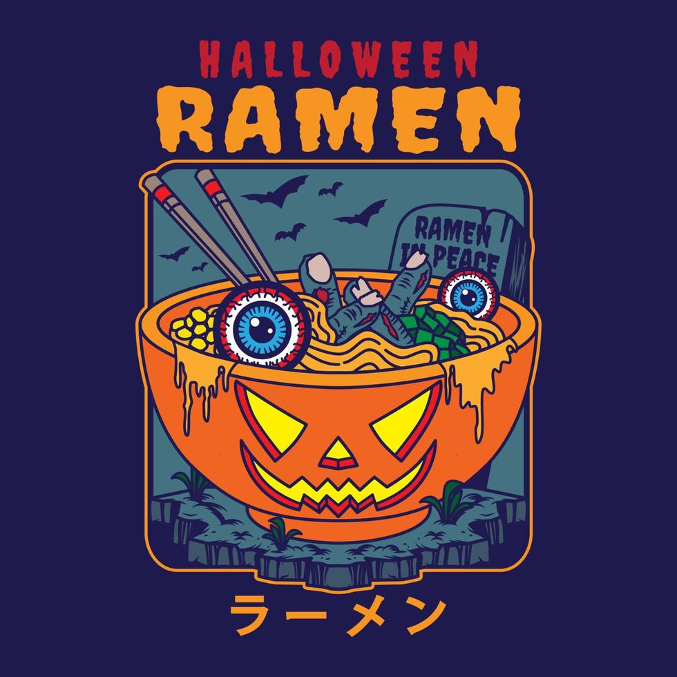 conception d'illustration de délicieuses nouilles ramen japonaises sur un bol avec un style plat vintage de citrouille d'halloween. bon pour le logo, l'arrière-plan, le tshirt, la bannière vecteur