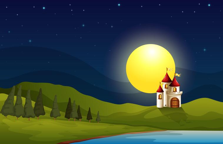 Un château sur la colline sous une lune brillante vecteur