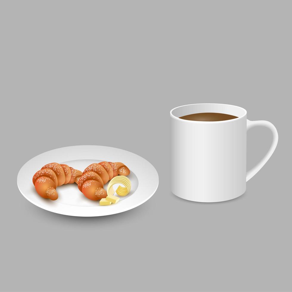 ensemble réaliste avec une tasse blanche de croissant au café sur une assiette avec du beurre vecteur