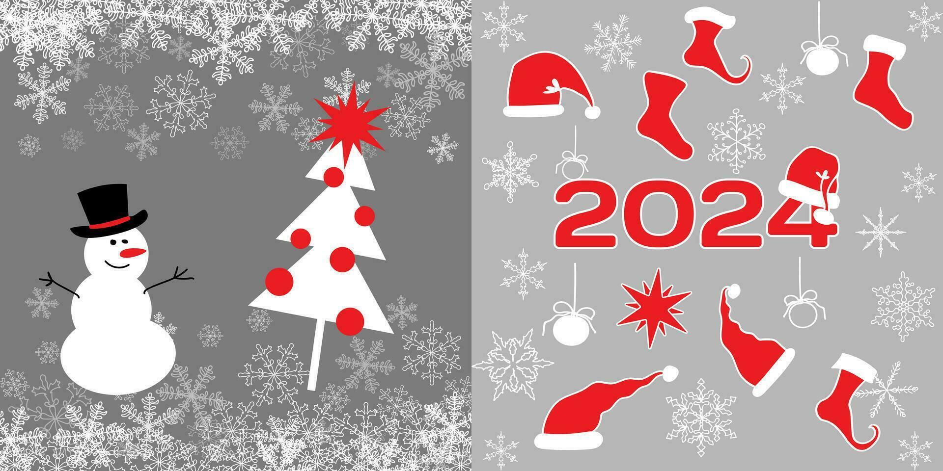 Nouveau année 2024 carte couverture avec bonhomme de neige et Noël arbre. vecteur