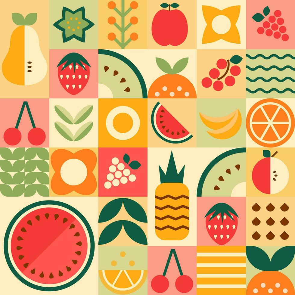 géométrie mosaïque fruit sans couture modèle. abstrait minimal été des fruits, baies, feuilles répéter Contexte bannière. vecteur Naturel biologique plante Facile formes. savoureux fond d'écran, textile, emballage papier