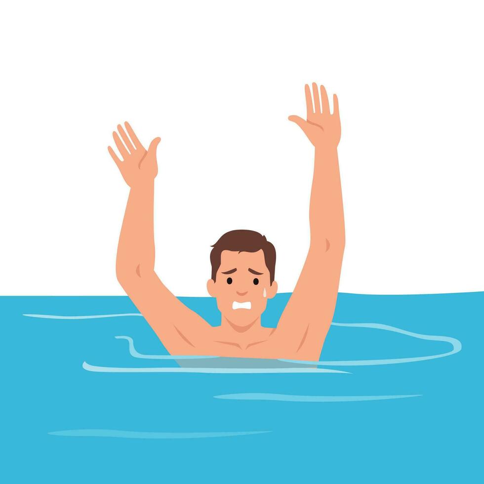 stressé homme noyade dans l'eau monter main demander pour aider. malheureux effrayé Masculin mendier pour porter secours avoir urgence dans mer. vecteur
