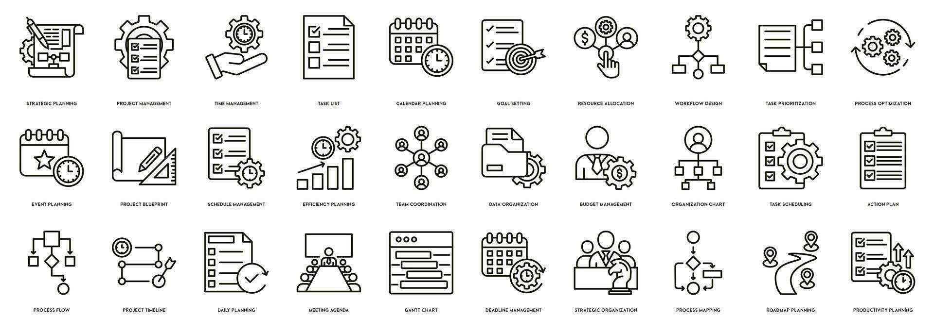 Planification et organisation icône ligne ensemble vecteur illustration. stratégique planification, projet gestion, temps gestion, tâche liste, calendrier planification, objectif réglage