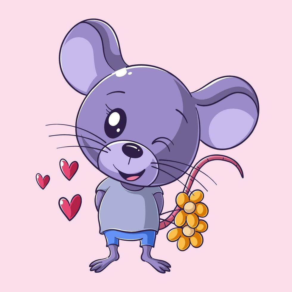 mignonne Souris apporte une fleurs vecteur