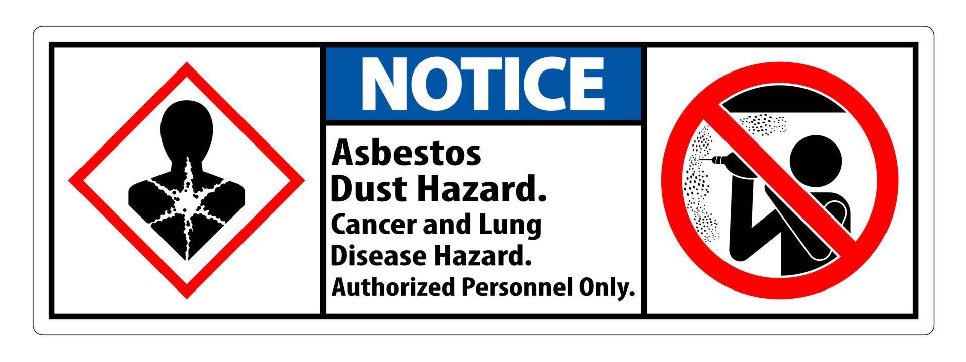 remarquez l'étiquette de sécurité, le risque de poussière d'amiante, le risque de cancer et de maladie pulmonaire uniquement pour le personnel autorisé vecteur