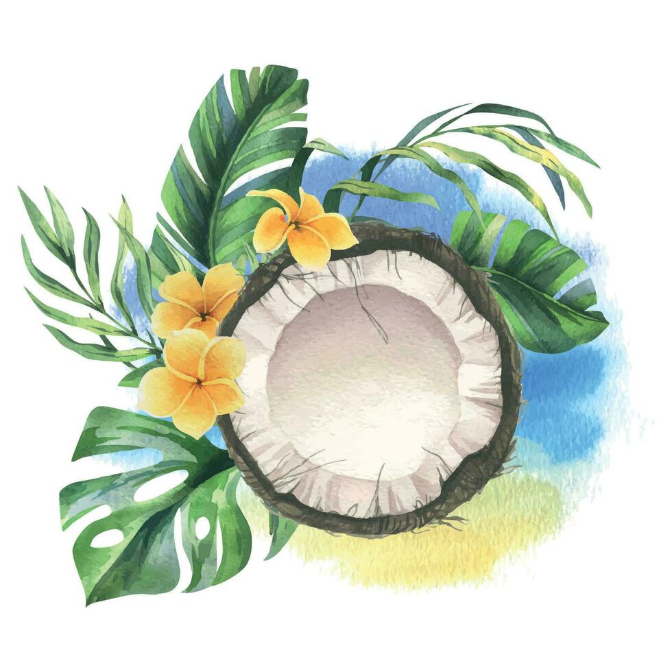 noix de coco ensemble, moitiés et pièces avec brillant, vert, tropical paume feuilles et Jaune plumeria fleurs. main tiré aquarelle illustration. préfabriqué composition isolé de le Contexte vecteur