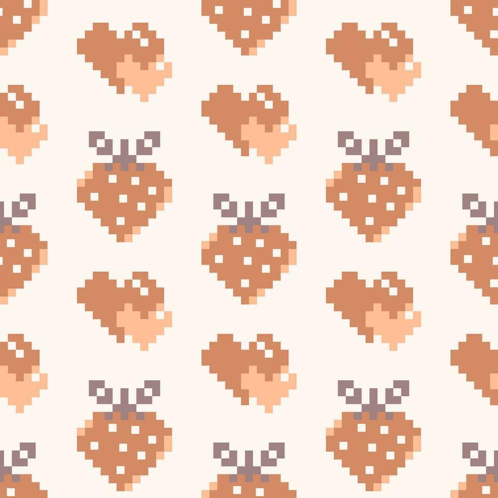 pixel art Valentin journée sans couture modèle avec cœurs et des fraises. conception dans pêche duvet Couleur vecteur