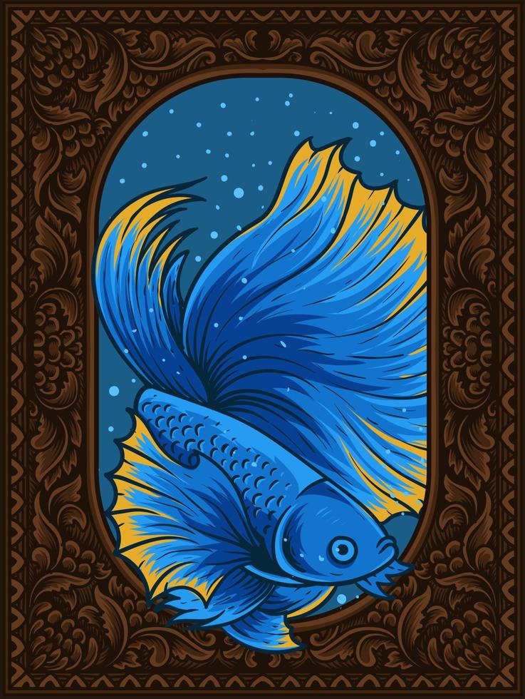 illustration beau poisson betta sur cadre d'aquarium vintage vecteur