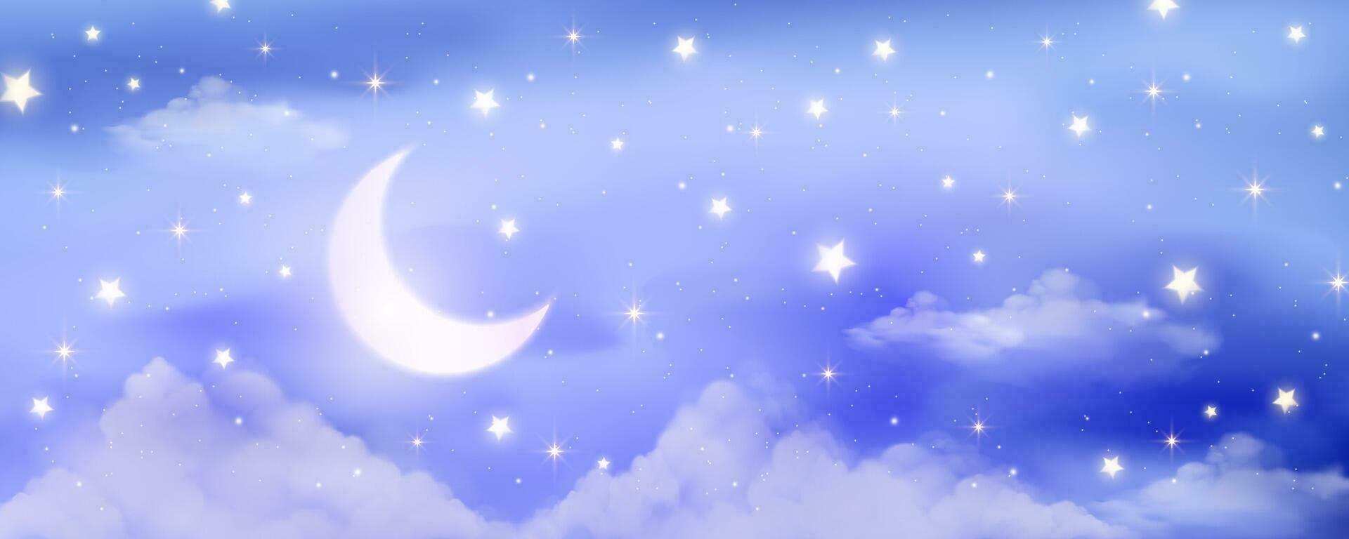 nuit ciel Contexte. étoilé foncé pente espace. croissant lune et des nuages rêveur scène. vecteur mignonne paysage panorama. la magie minuit illustration