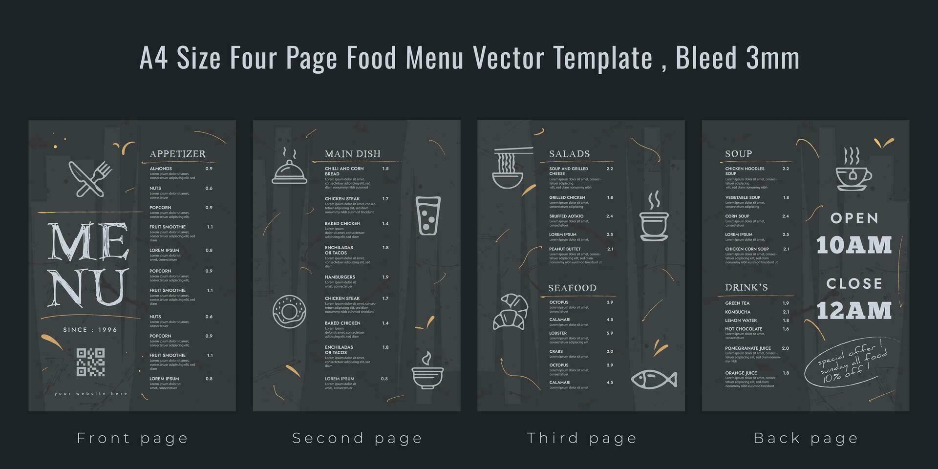 restaurant café menu, modèle conception, a4 Taille quatre page nourriture menu modèle, saigner 3mm vecteur