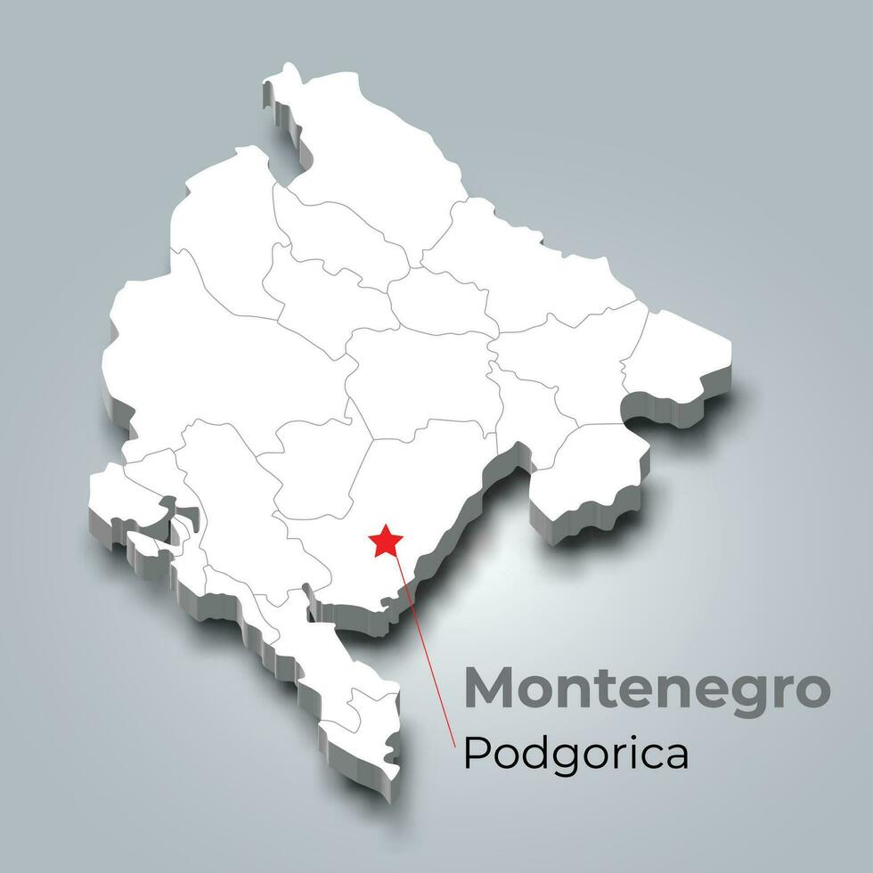 Monténégro 3d carte avec les frontières de Régions et ses Capitale vecteur