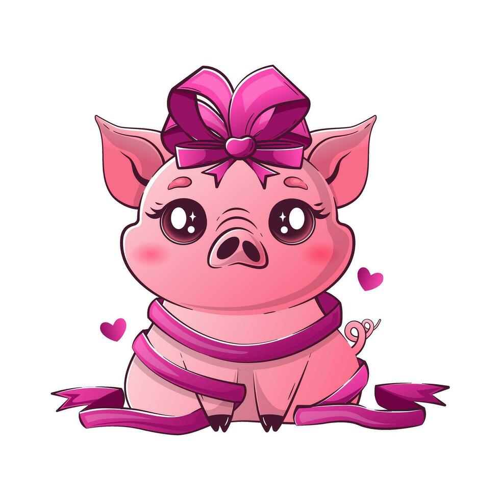 kawaii porc avec une arc eu emmêlé dans une cadeau ruban. mignonne animaux pour la Saint-Valentin journée vecteur