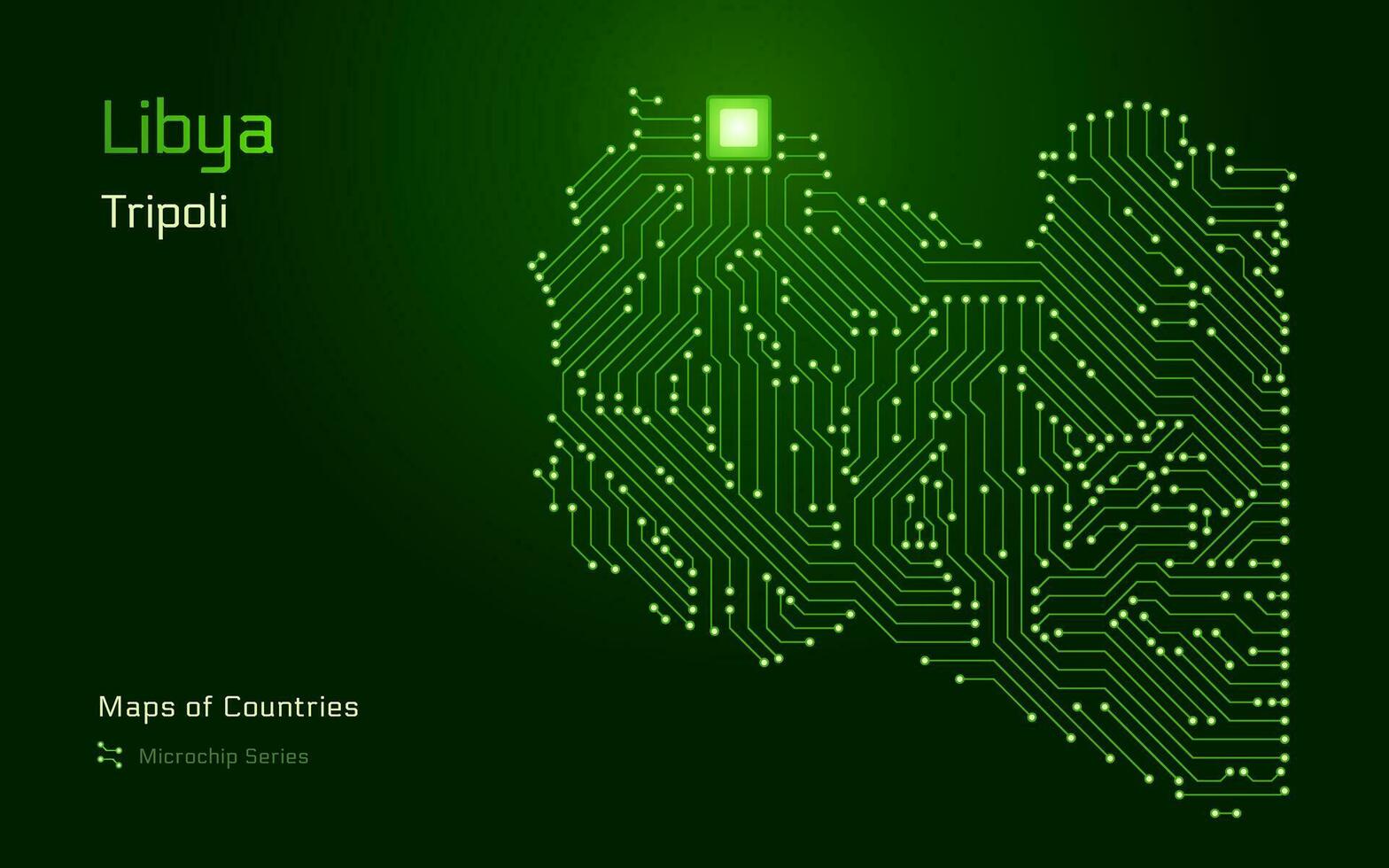 Libye vert carte avec une Capitale de Tripoli montré dans une puce électronique modèle. gouvernement électronique. monde des pays vecteur Plans. puce électronique séries