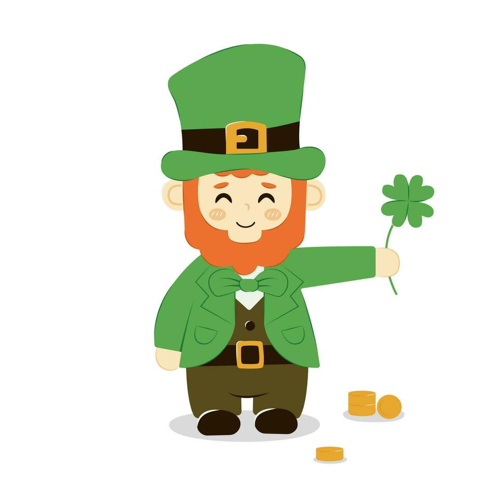 mignonne dessin animé lutin avec trèfle et pièces de monnaie symbole de la chance isolé. vecteur barbu irlandais, Saint patrick