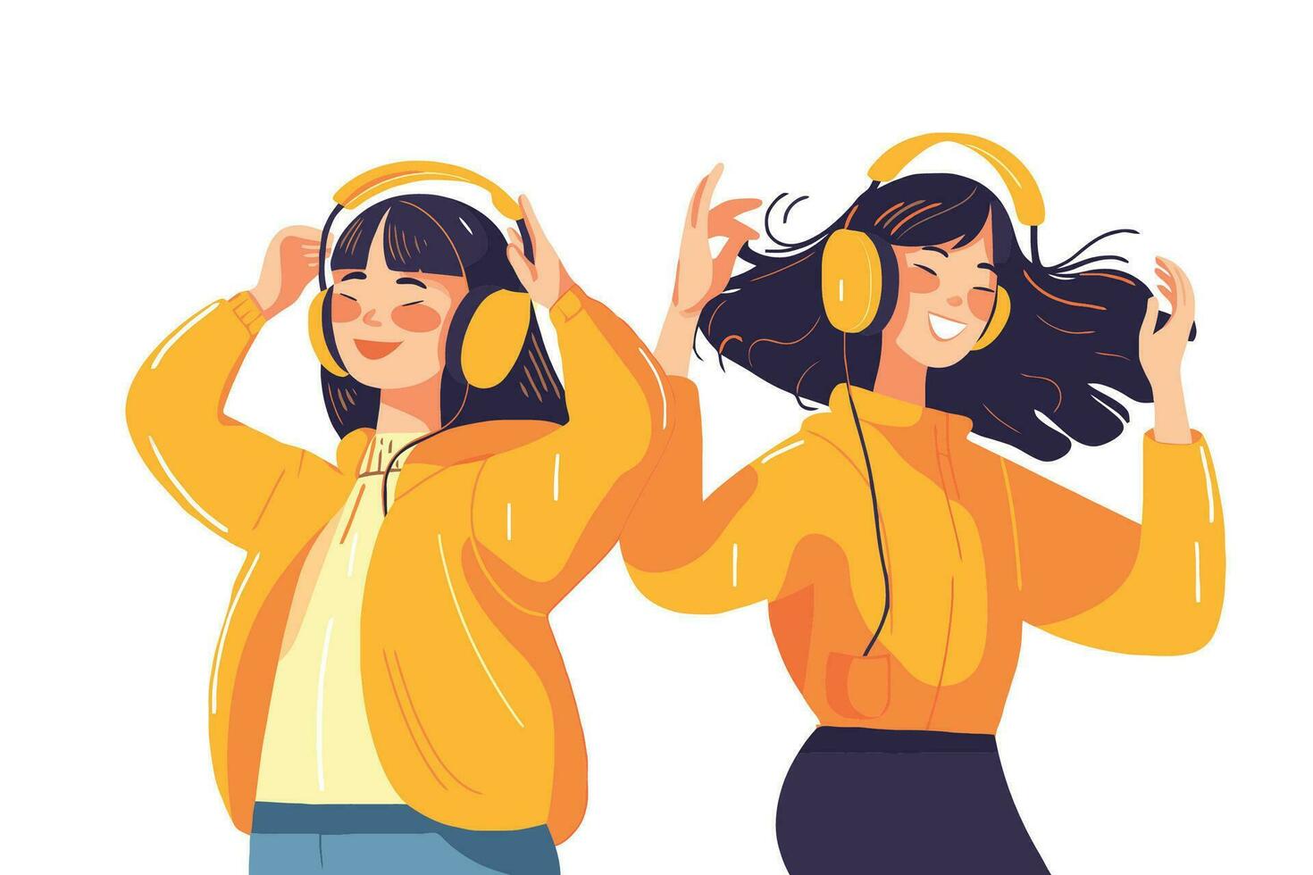 deux Jeune femmes écoute à la musique avec écouteurs. vecteur illustration dans dessin animé style