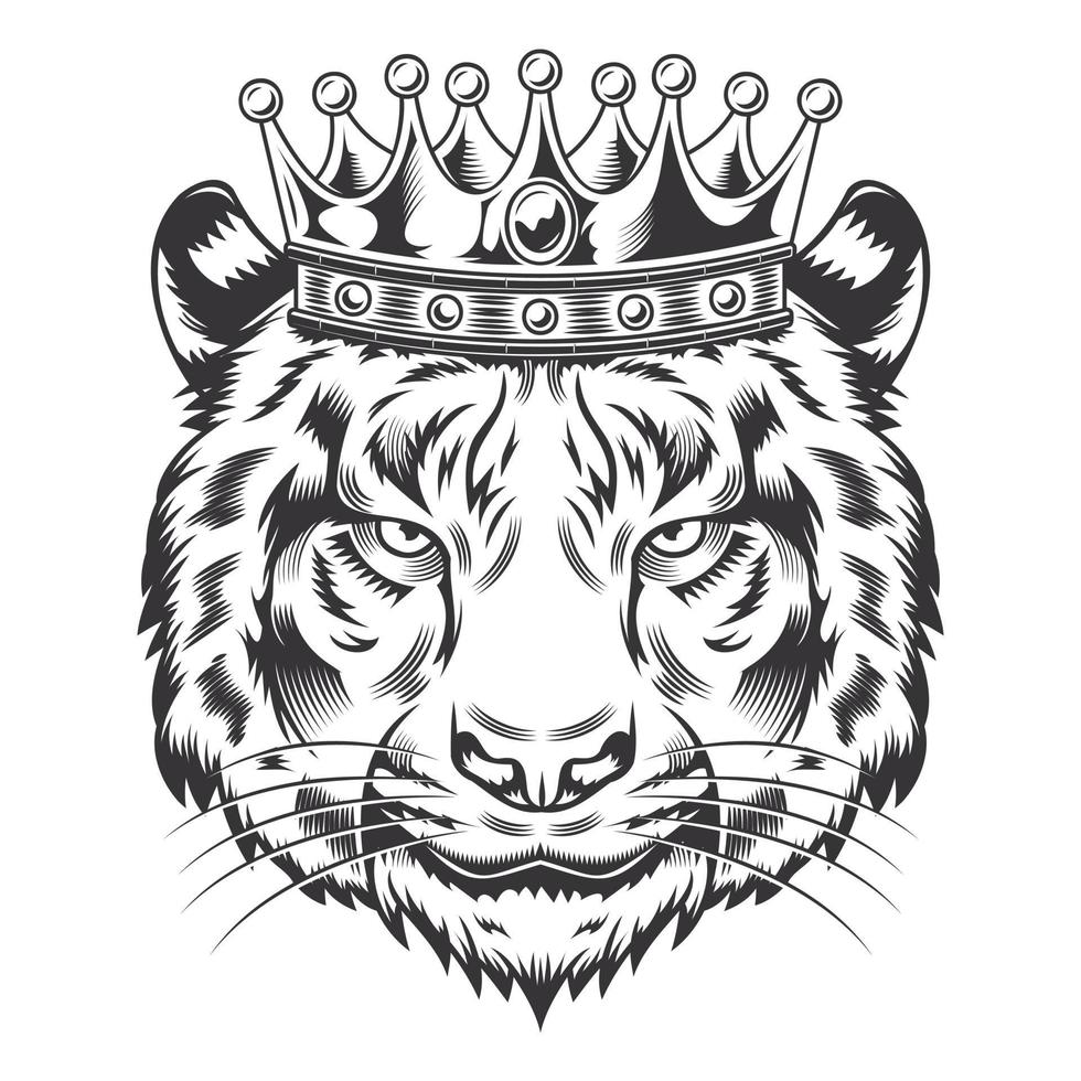 tête de roi tigre avec motif couronne sur fond blanc. logos d'art en ligne de tête de tigre. illustration vectorielle. vecteur