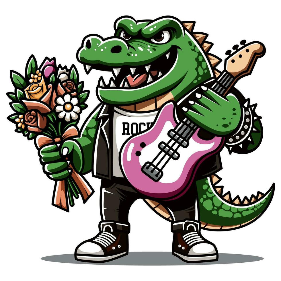 vecteur illustration de une crocodile porter une guitare et fleurs. vecteur eps dix