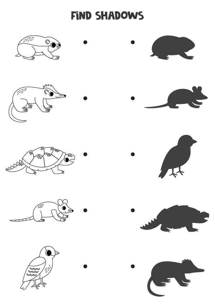trouver le correct ombres de noir et blanc Nord américain animaux. logique puzzle pour enfants. vecteur