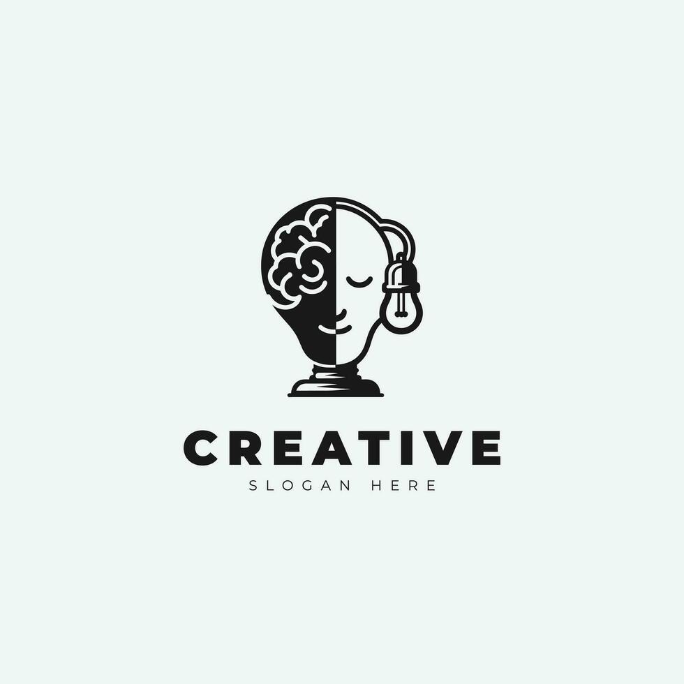 Créatif emblème logo conception, avec une combinaison de une cerveau et une lampe, monochrome style vecteur