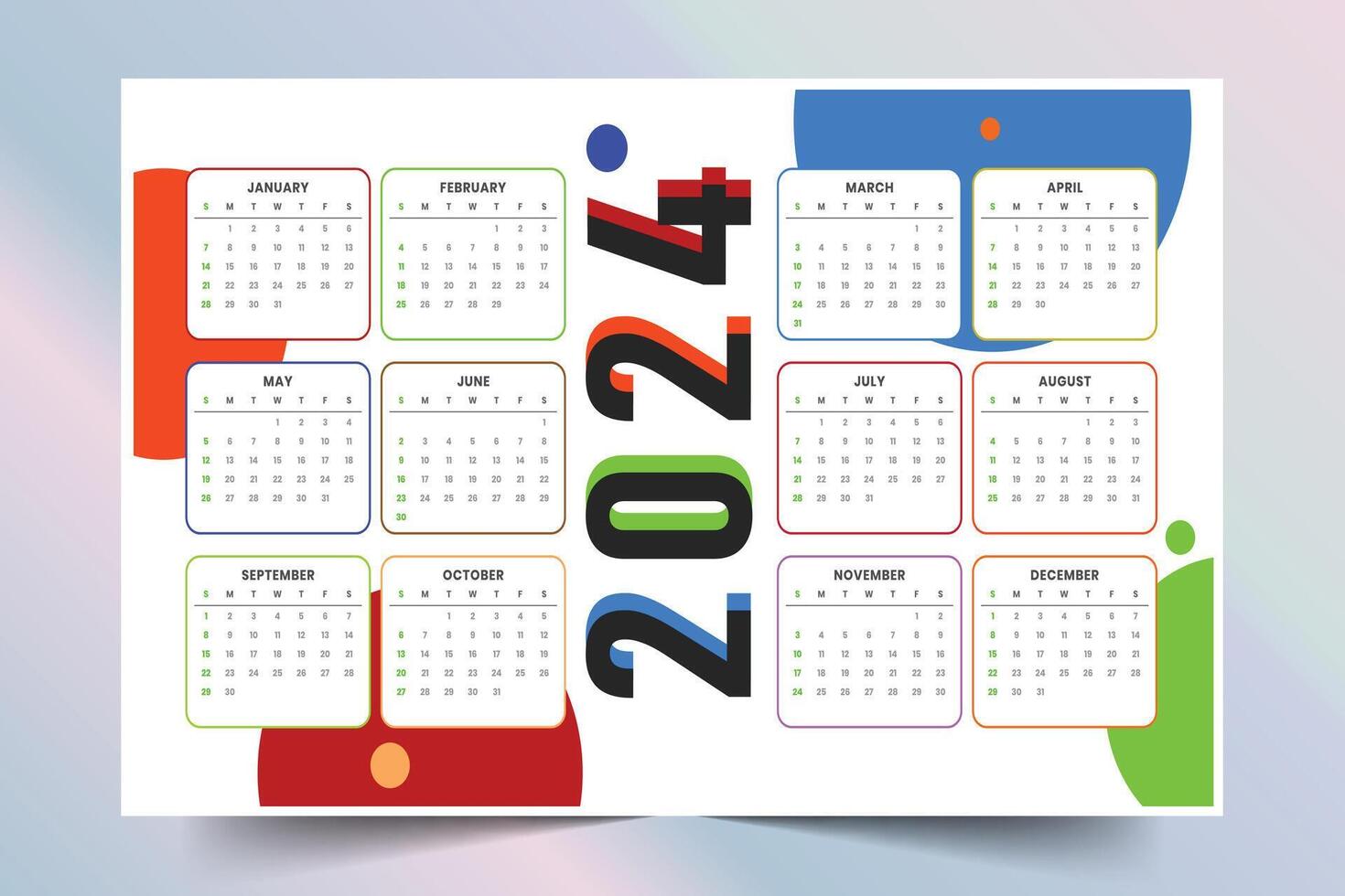 moderne et coloré 2024 Nouveau année Anglais calendrier modèle conception vecteur