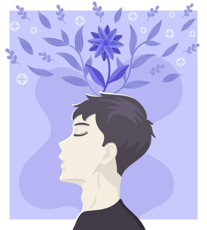 mental santé illustration avec une content garçon et fleurs au dessus le sien tête vecteur