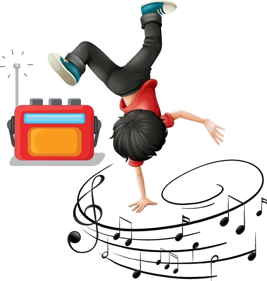un garçon dansant b-boy avec des symboles de mélodie musicale isolés vecteur