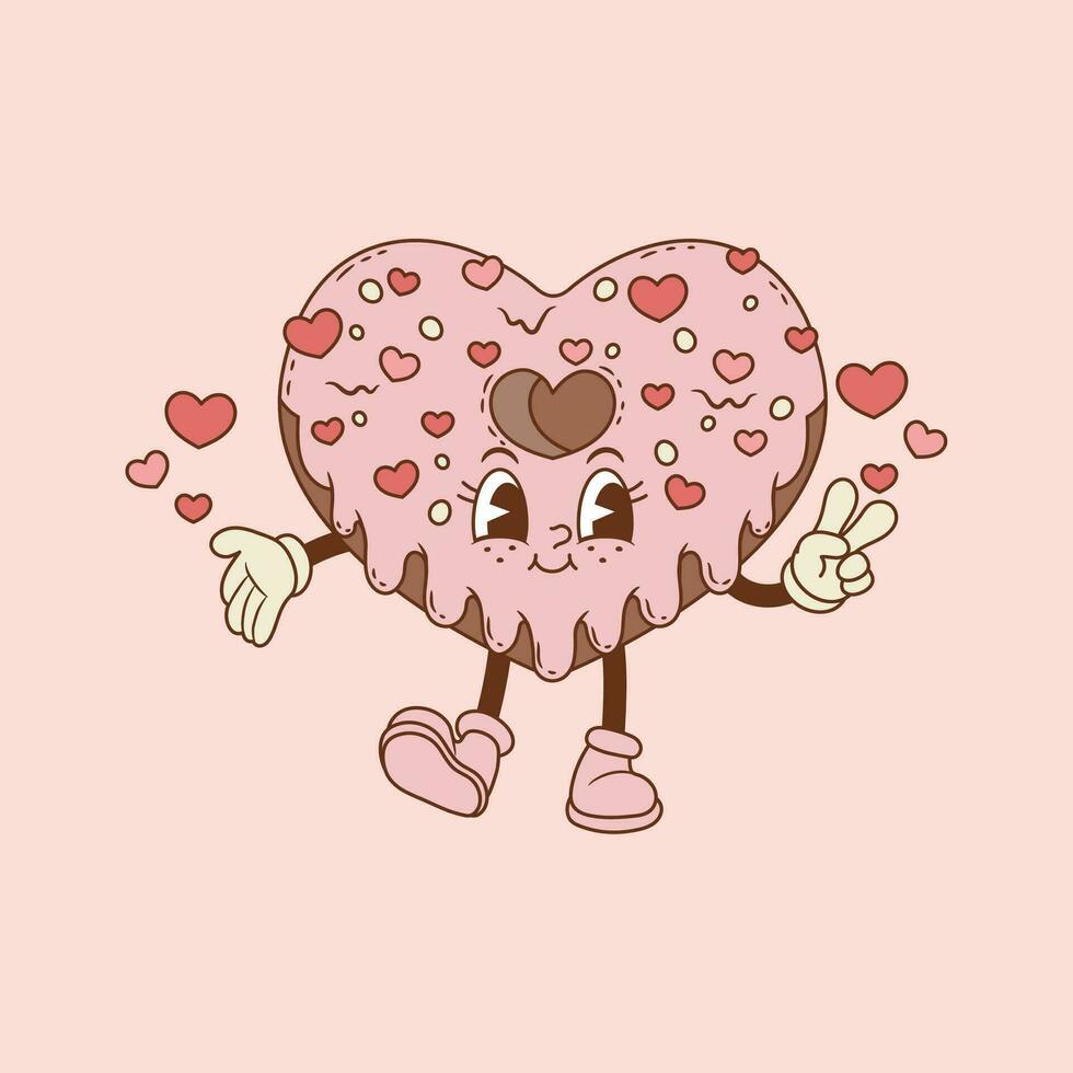 rétro illustration de cœur en forme de Donut entouré par cœurs et rose crème vecteur
