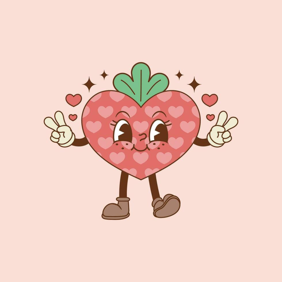 mignonne rétro dessin animé illustration de fraise dans le forme de cœur et souriant vecteur