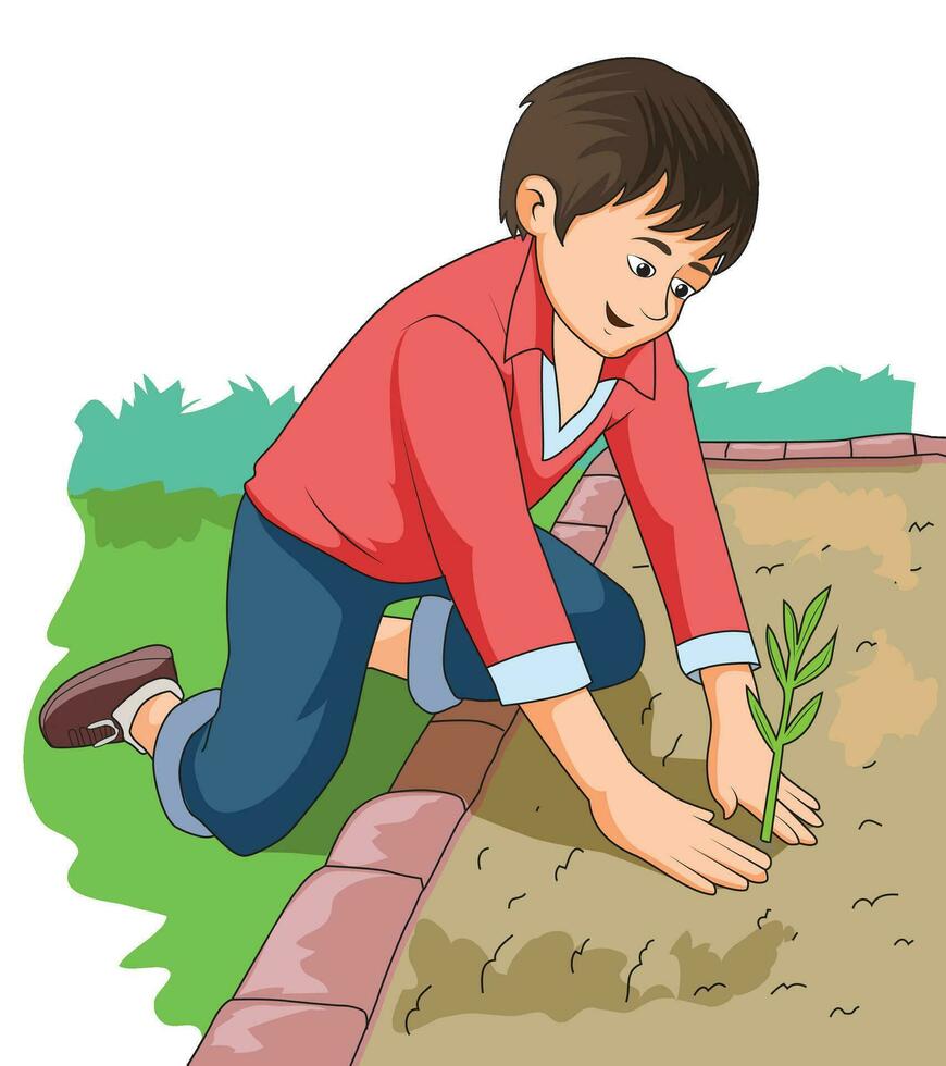 mignonne et content garçon plantation une jeune arbre dans le sol vecteur