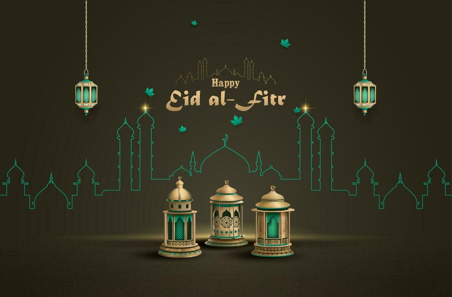 islamique salutations eid Al fitr carte conception avec Trois lanternes vecteur