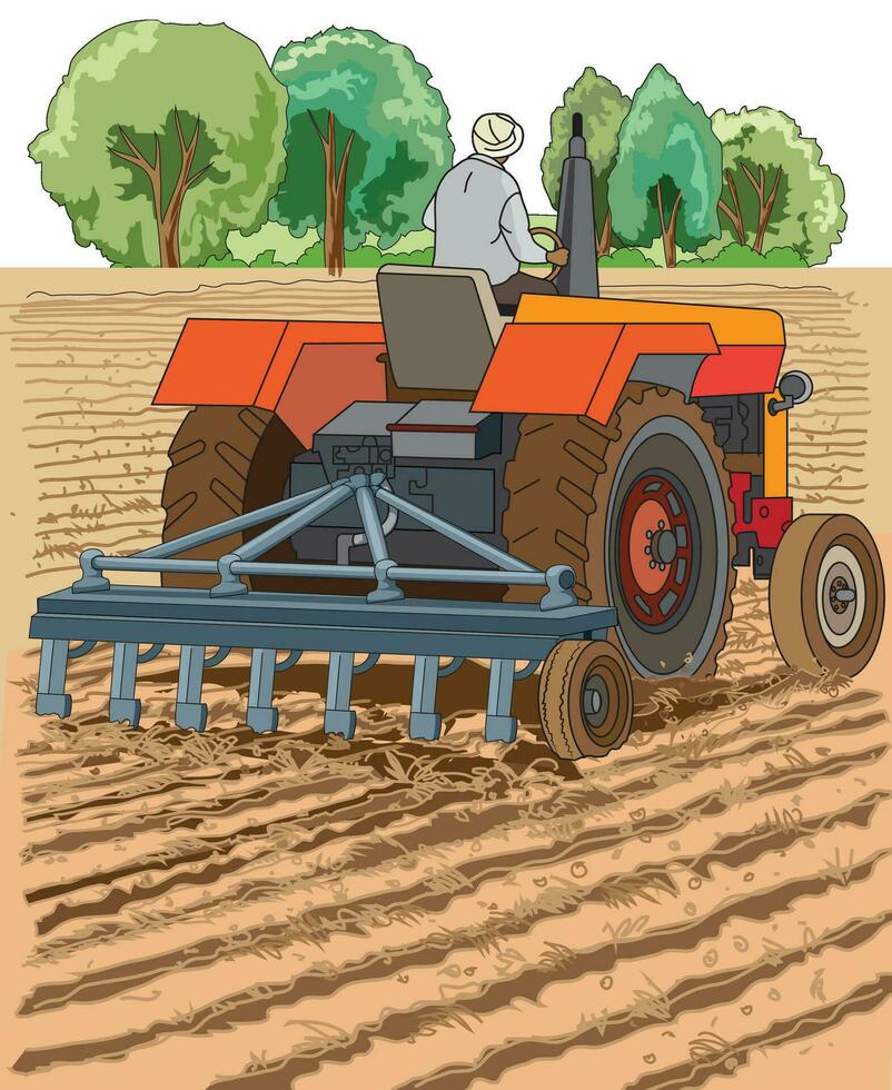 homme séance sur le sien tracteur et labour le champ vecteur