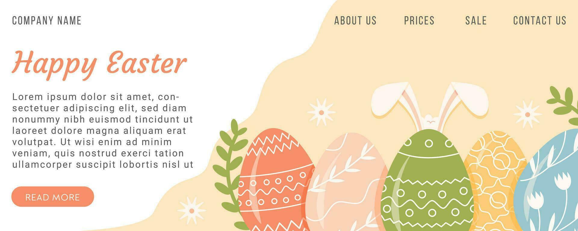 de fête la toile bannière modèle avec décoré des œufs sur Jaune Contexte et lapin lapin oreilles. Pâques coloré symboles avec divers ornement dans pastel couleurs. plat vecteur illustration pour printemps vacances.