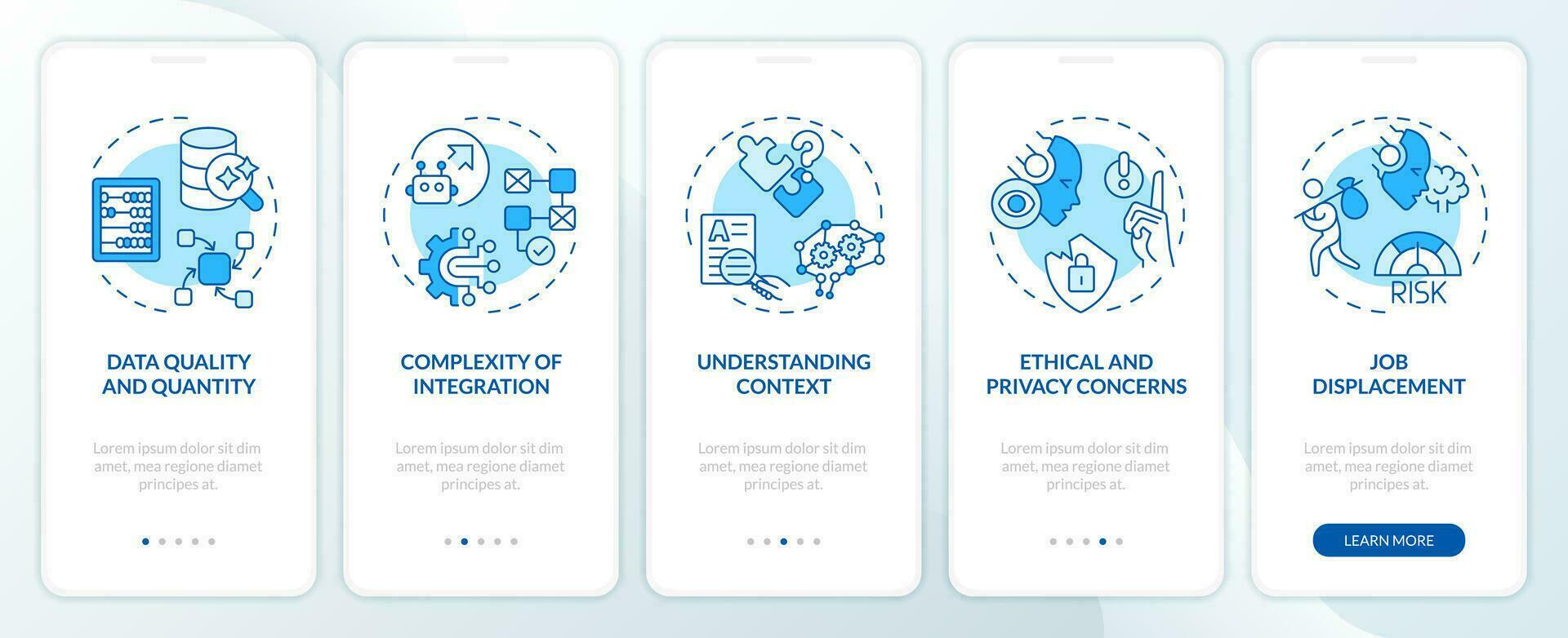 2d Icônes représentant défis de cognitif l'informatique mobile app écran ensemble. procédure pas à pas 5 pas bleu graphique instructions avec ligne Icônes concept, interface utilisateur, ux, gui modèle. vecteur