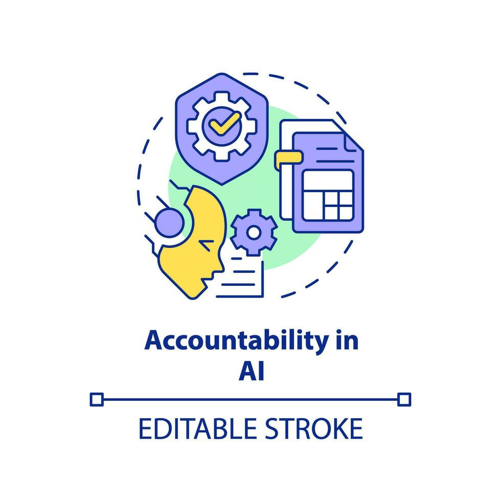 2d modifiable multicolore responsabilité dans ai icône, Facile isolé vecteur, cyber loi mince ligne illustration. vecteur