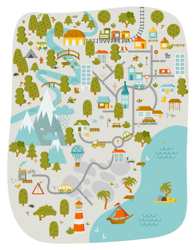 mignonne ville carte pour des gamins chambre. paysage avec lot détails. jouer tapis pour les enfants activité. vecteur illustration