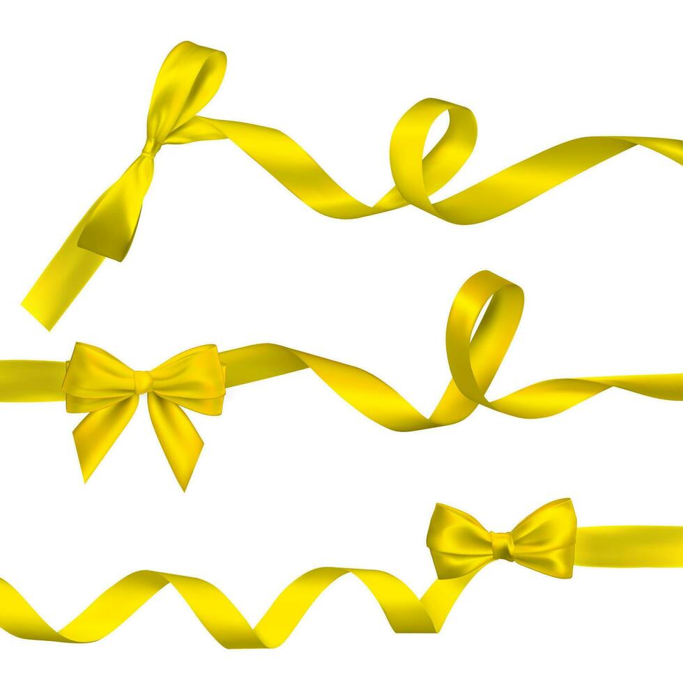 ensemble de réaliste Jaune arc avec longue recourbé Jaune ruban. élément pour décoration cadeaux, salutations, vacances, valentines journée conception. vecteur illustration