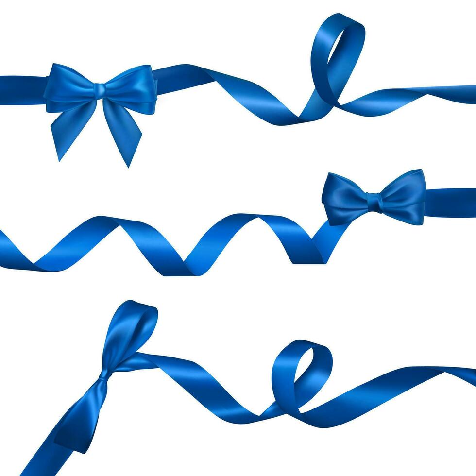 ensemble de réaliste bleu arc avec longue recourbé bleu ruban. élément pour décoration cadeaux, salutations, vacances, valentines journée conception. vecteur illustration