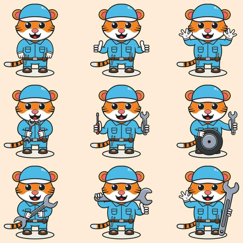 mascotte dessin animé de mignonne tigre portant mécanicien uniforme et casquette. mignonne tigre illustration. personnage animal. mécanicien dessin animé ensemble. vecteur illustration dans isolé Contexte.